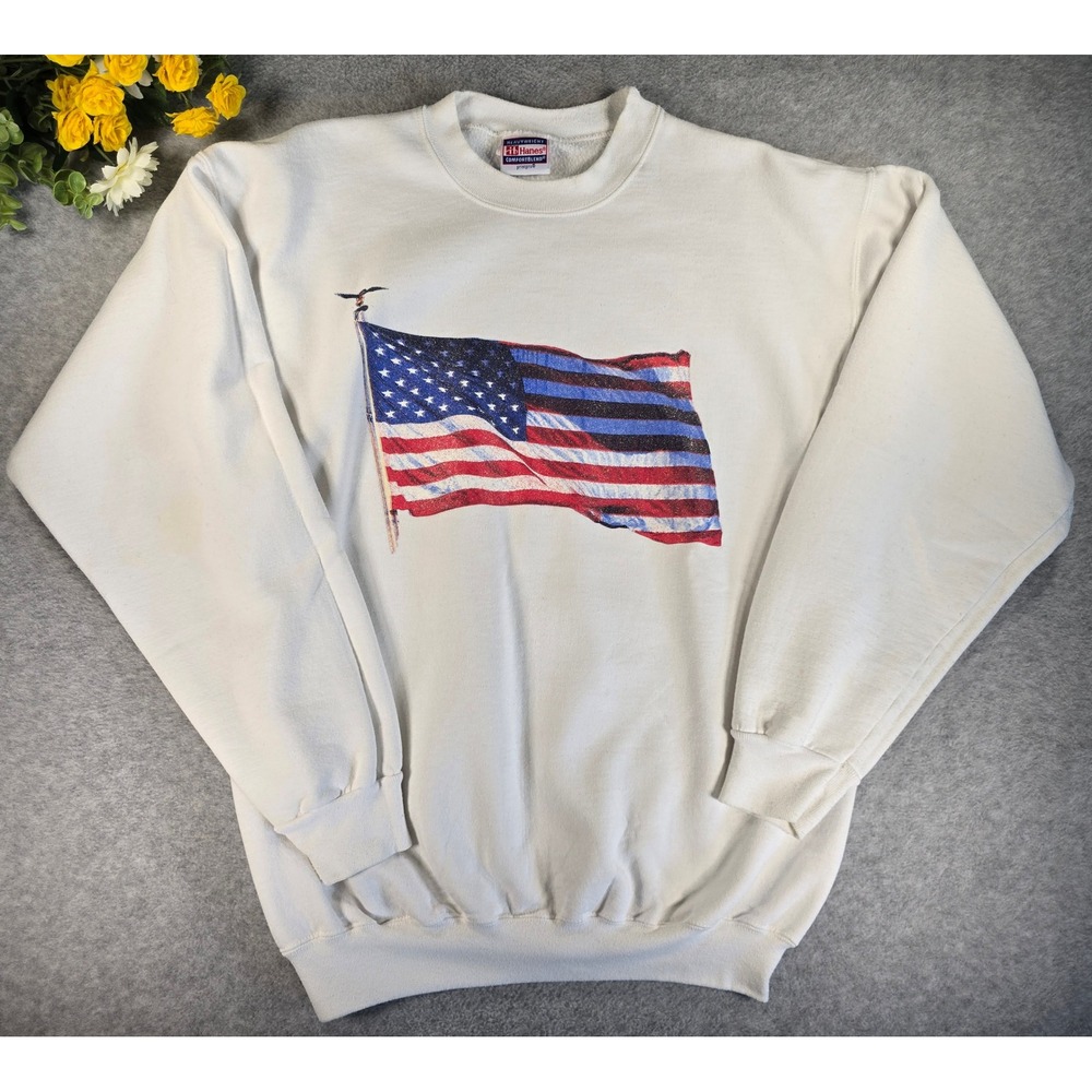 Vintage Hanes‎ 90s USA American Flag Sweatshirt White Comfortblend Medium